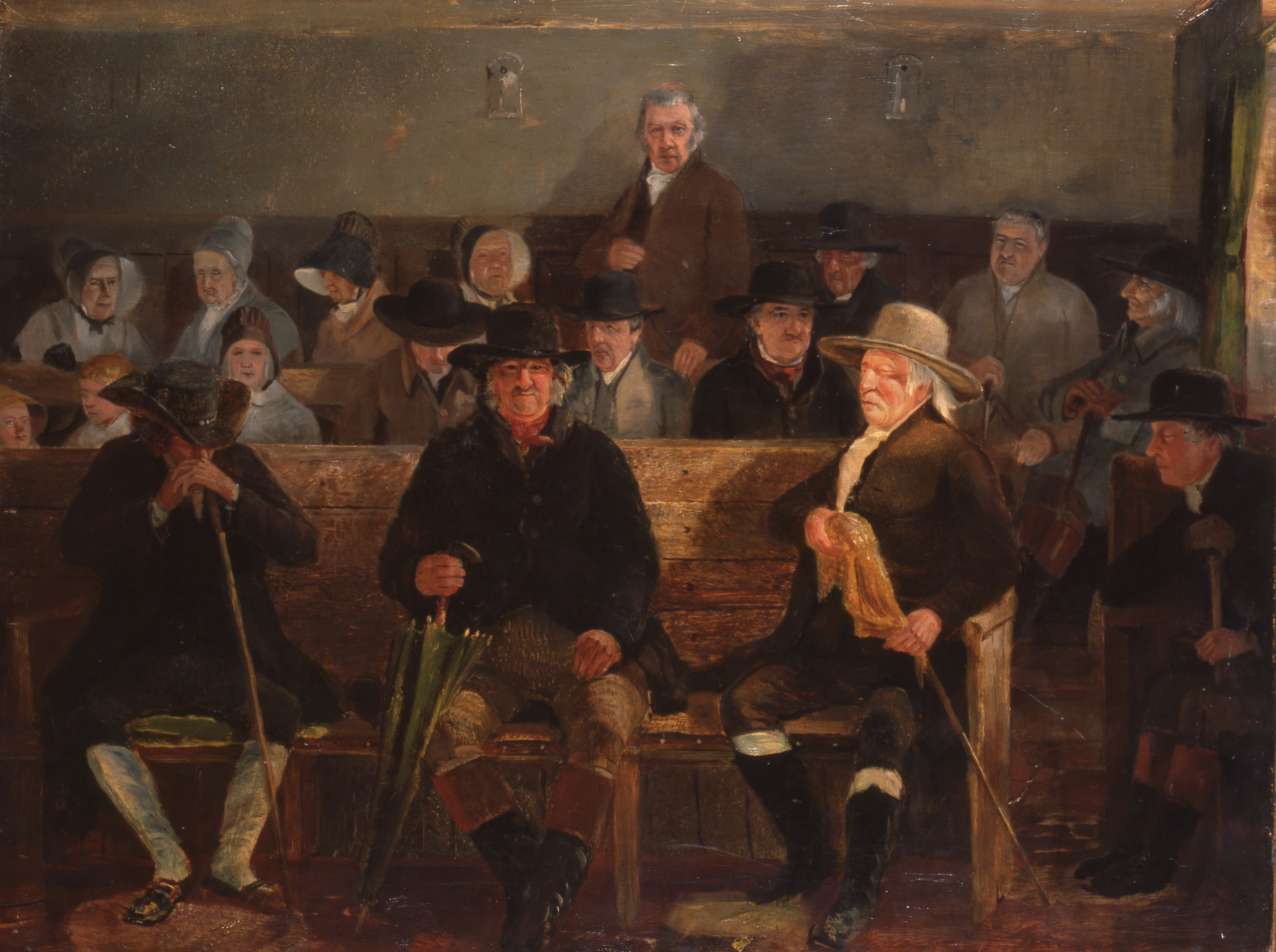 Earith Monthly Meeting, oil painting by Samuel Lucas (Library ref. Pic F066)